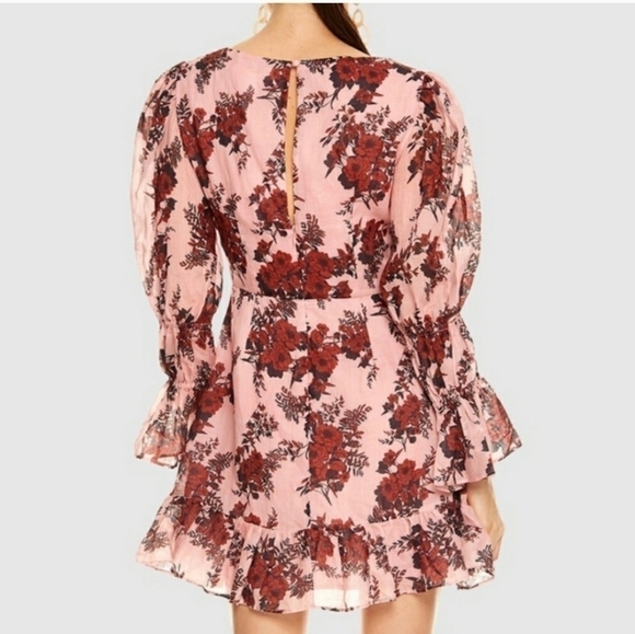 Talulah Pink Floral Long Puff Sleeve Take A Chance Ruffled Mini Dress Size Large - Picture 7 of 11